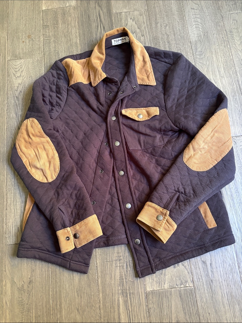 Topman | Quilted Dark Brown Button Jacket with Tan Corduroy Details Size Large